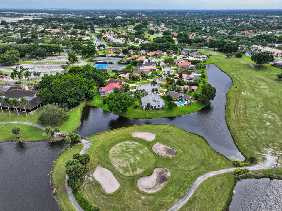 Aerial of golf green and bunkers, South Florida
