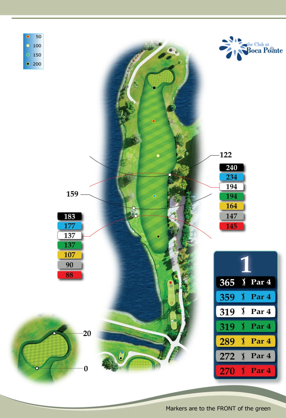 Hole 1 yardage guide, The Club at Boca Pointe