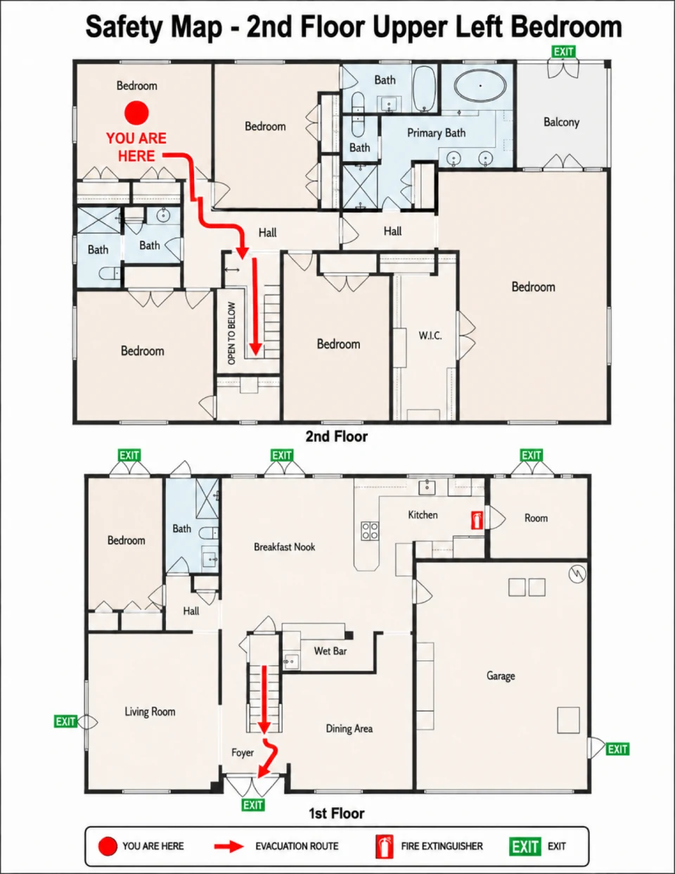 Short-term rental egress plan with exit routes and extinguisher locations